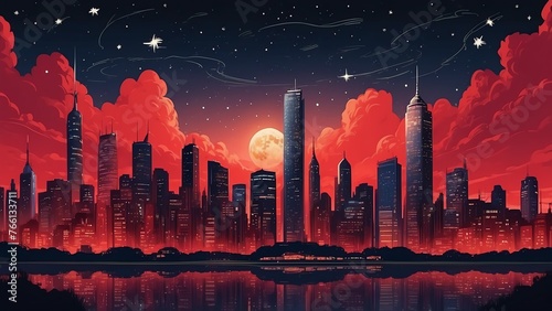 Red theme city skyline with starry night sky kids illustration concept background quirky from Generative AI