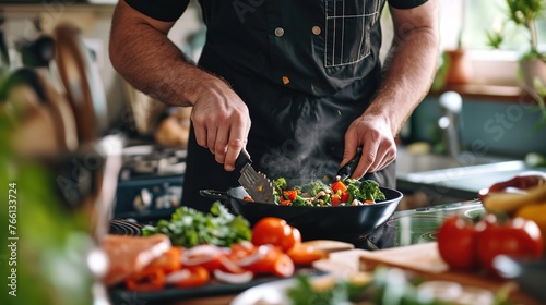 Chef preparing food and vegetables in kitchen