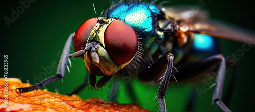 A macro photography shot of an arthropod, a fly, sitting on a piece of food. Flies are both pollinators and pests, but also potential carriers of disease
