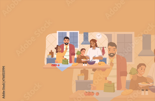 vector illustration of family day, where each family has its own activities, for example gathering in the same family room, holidays, sports with the family. photo