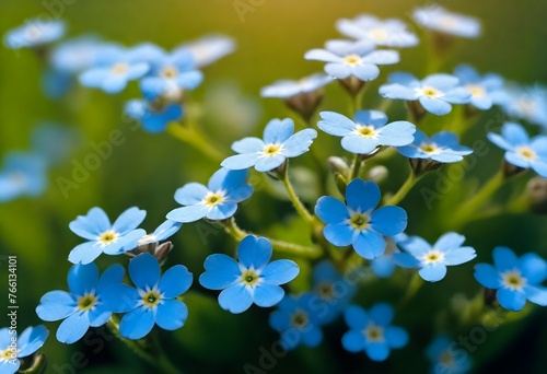 A close-up capture of delicate forget-me-nots in full bloom, their intricate petals displaying a gradient of blues, with streaks of sunlight illuminating their details.