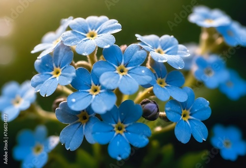 A close-up capture of delicate forget-me-nots in full bloom, their intricate petals displaying a gradient of blues, with streaks of sunlight illuminating their details.