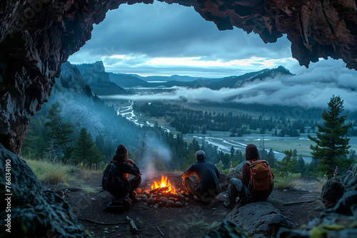 A group hiker adventure at campfire, framed by the stunning view of a forest mountain.