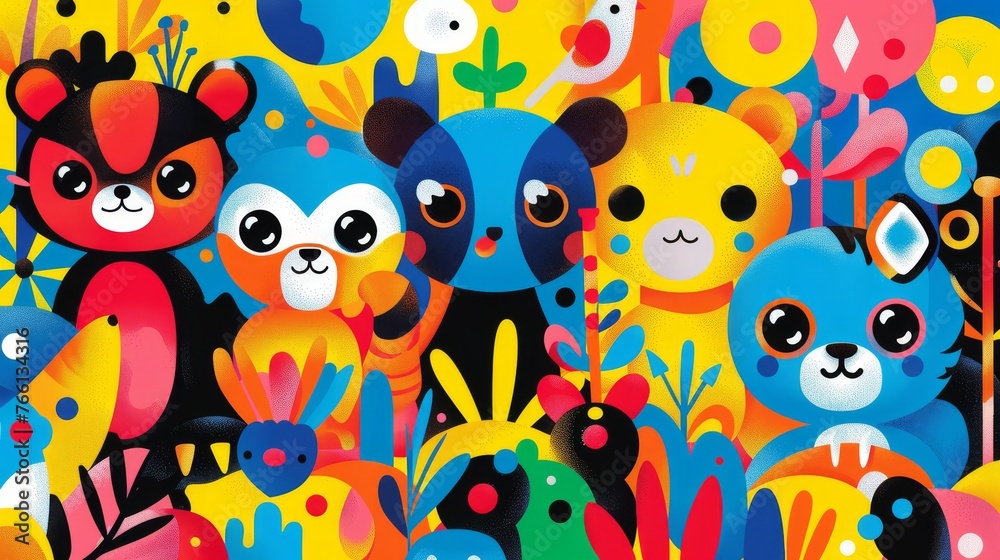 Colorful Cartoon Animals on Vibrant Background in a Whimsical Composition

