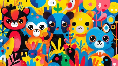 Colorful Cartoon Animals on Vibrant Background in a Whimsical Composition
