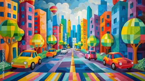 Whimsical Cityscape with Colorful Buildings and Cars on Striped Roads  