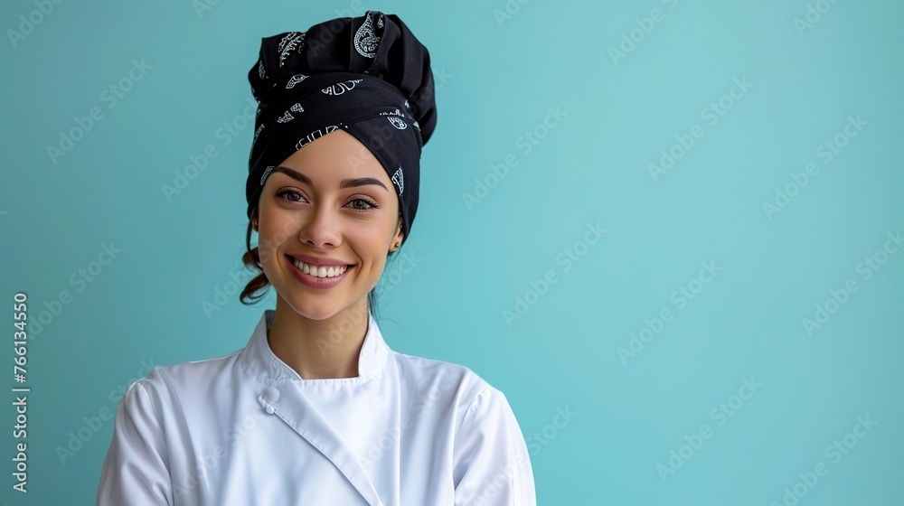 Chef in the kitchen, happy and smiling on blue background Chef in the kitchen, happy and smiling on blue background