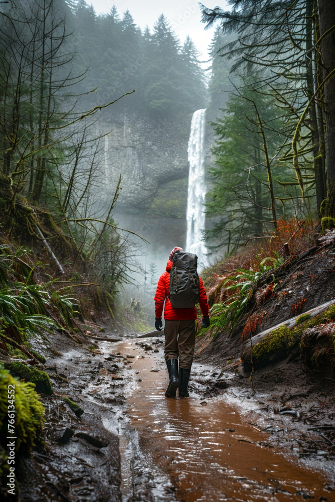 Back view of hiker adventure through a muddy forest path, framed by the stunning view of a cascading waterfall.