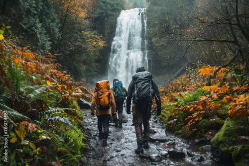 Back view of a group hiker adventure through a muddy forest path, framed by the stunning view of a cascading waterfall.