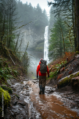 Back view of hiker adventure through a muddy forest path, framed by the stunning view of a cascading waterfall.