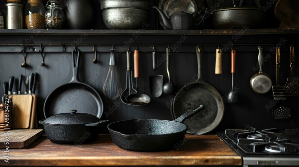 Kitchen Utensils: black Set Arranged on Table and Counter Kitchen Utensils: black Set Arranged on Table and Counter