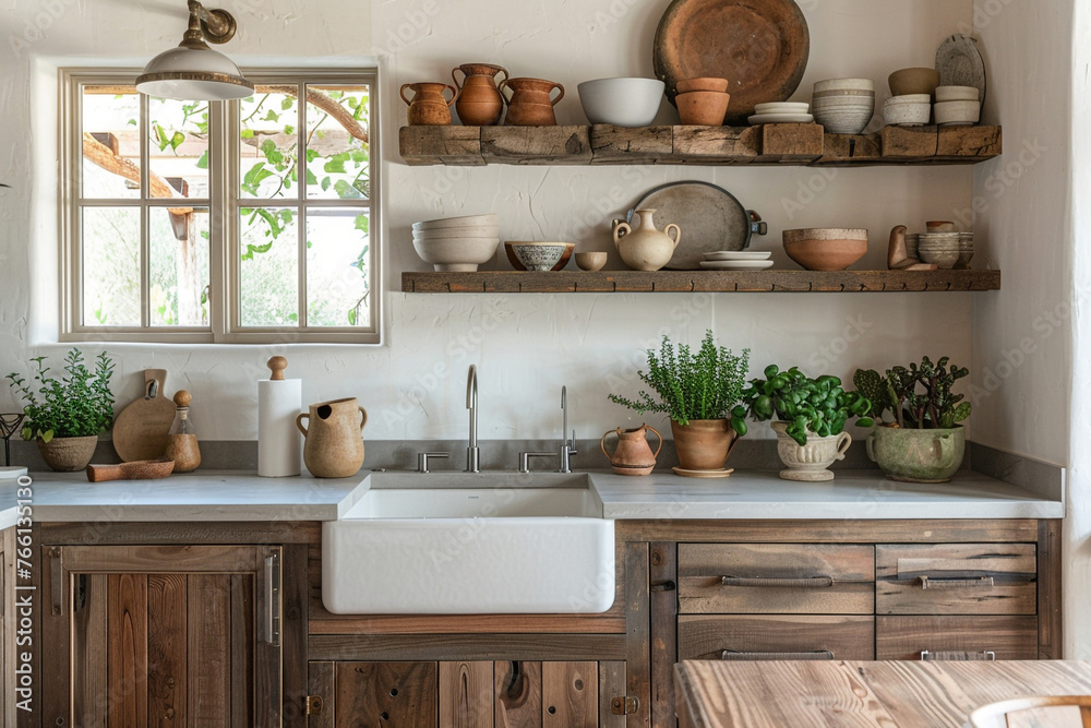 A modern farmhouse kitchen featuring rustic wood elements, a classic apron sink, and open shelving filled with pottery and plants.