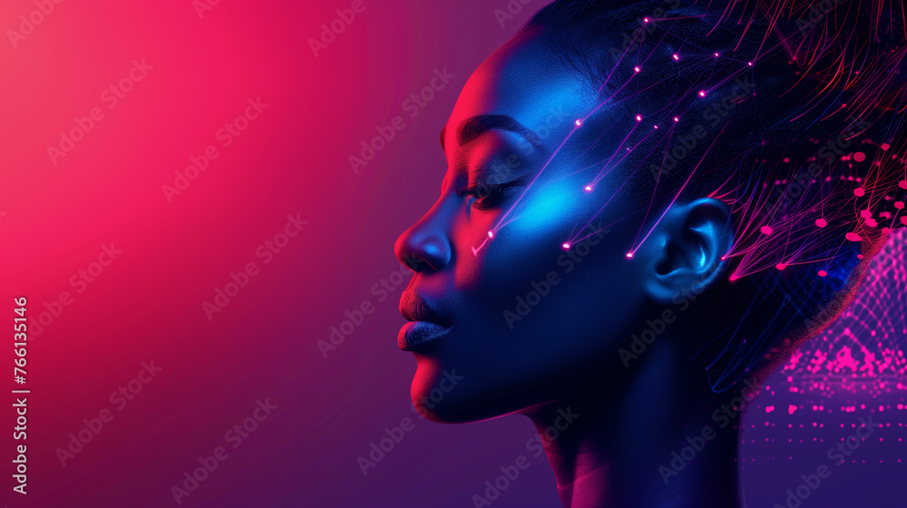 Beautiful African-American Woman, Technological State of Consciousness Concept, Editorial-style with Blank Space for Copy