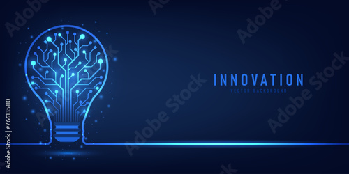 Innovation. Idea and solution technology concept. A light bulb from dot circuit board on the dark blue. Abstract cyber and digital computer innovation concept. Business innovation and creative idea.