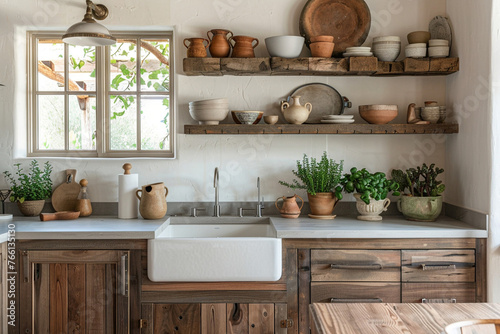 A modern farmhouse kitchen featuring rustic wood elements, a classic apron sink, and open shelving filled with pottery and plants.