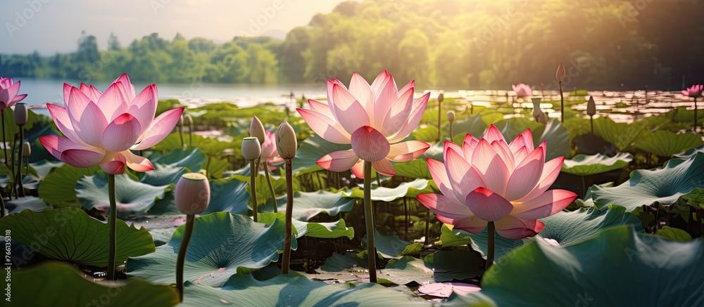 A beautiful natural landscape with a field of pink lotus flowers growing next to a serene lake, showcasing the beauty of terrestrial and aquatic plants