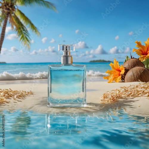 Glass perfume bottle model on beautiful beach with mesmerizing waves, Generative AI