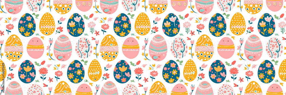 Seamless pattern of Easter eggs, each of which is decorated with patterns of flowers. Generative AI Seamless pattern of Easter eggs, each of which is decorated with patterns of flowers. Generative AI