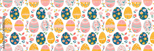 Seamless pattern of Easter eggs, each of which is decorated with patterns of flowers. Generative AI