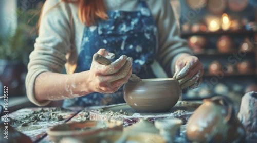 Close-up of skilled artisan hands molding clay on pottery wheel with tools and pottery pieces in a ceramic studio.