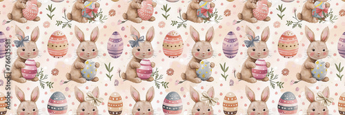 Seamless pattern of Easter eggs and little rabbits in watercolor style. Generative AI.