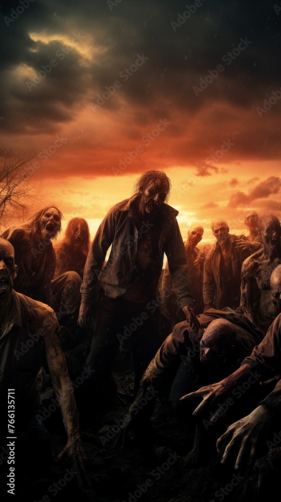 A group of zombies are gathered together in a field