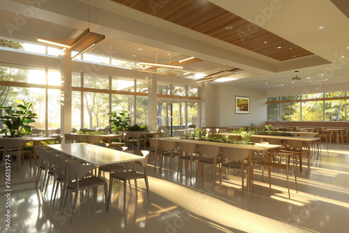  interior design concept for a retirement home's dining hall renovation with open floor plan, natural lighting solutions, communal tables 