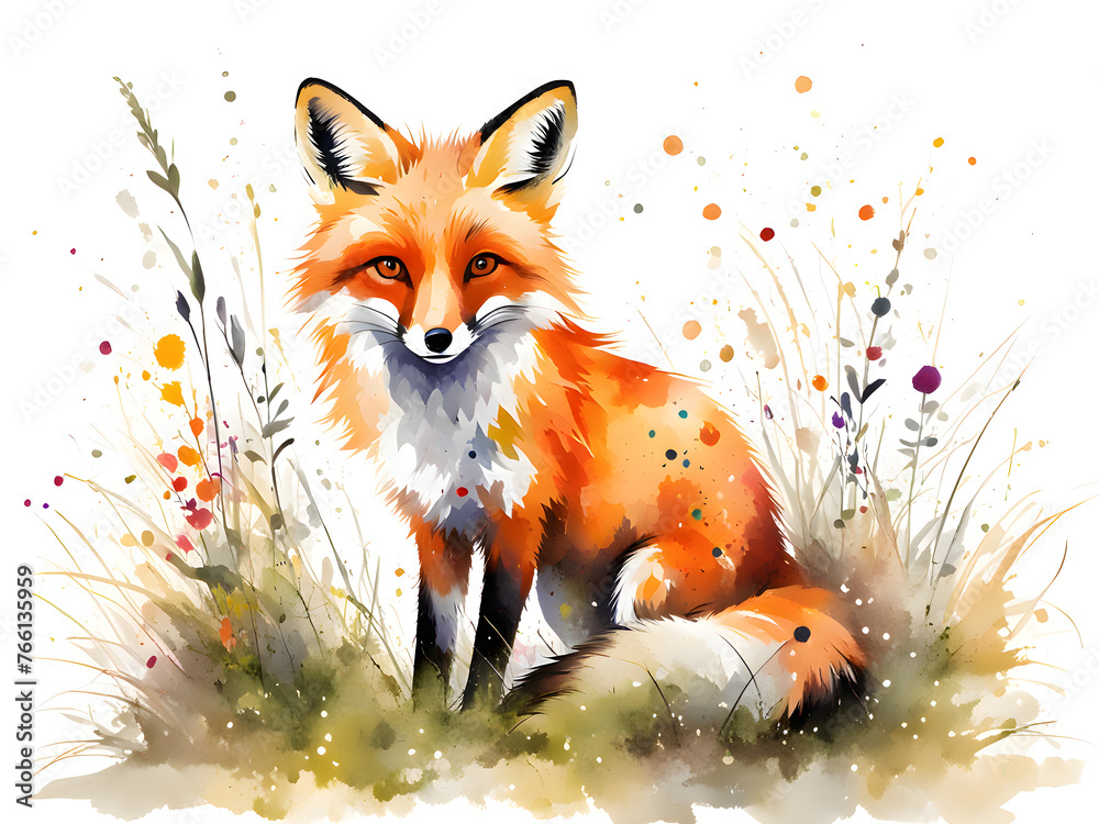 Fototapeta premium A red fox hiding in the grass watching your colorful illustrations