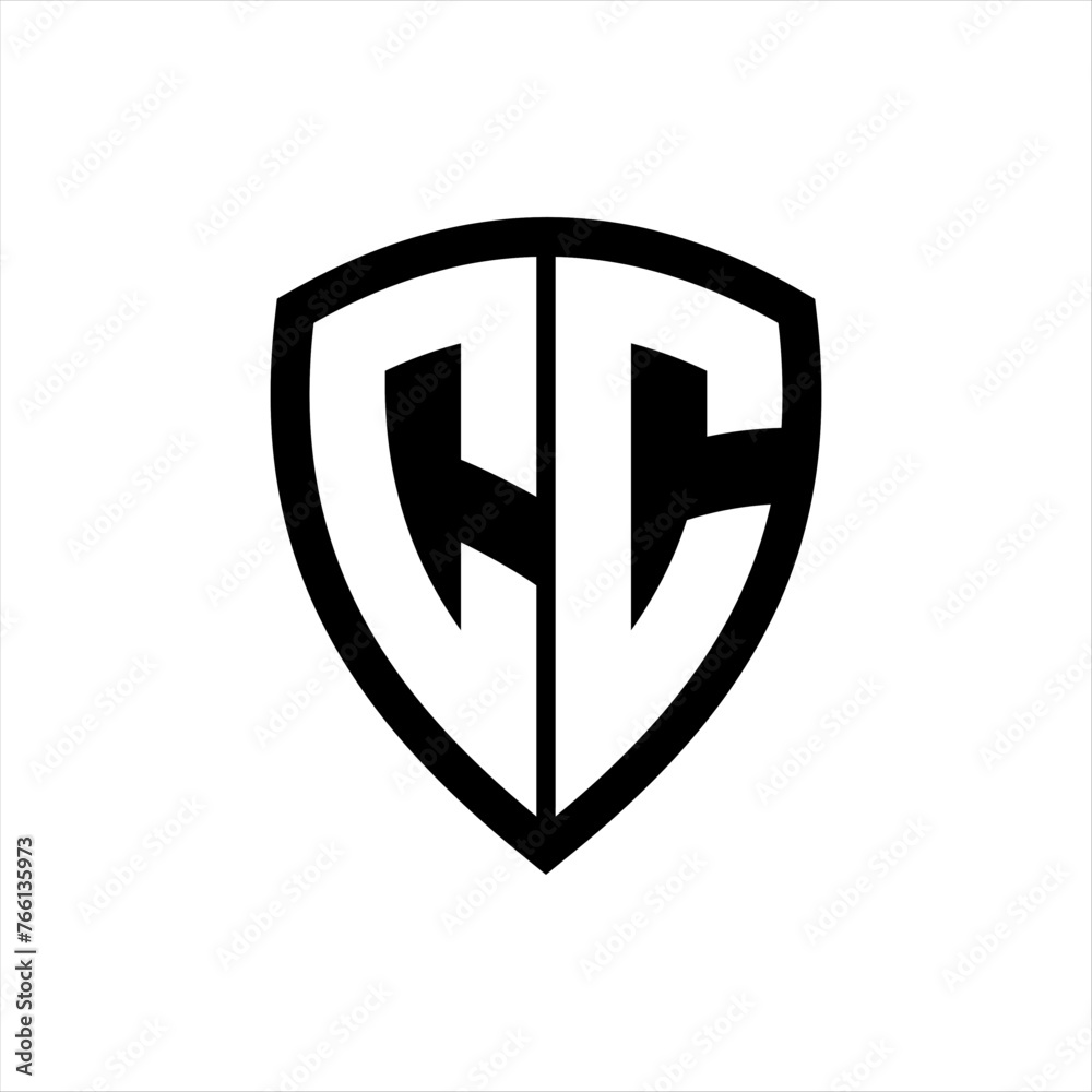 CC monogram logo with bold letters shield shape with black and white color design CC monogram logo with bold letters shield shape with black and white color design