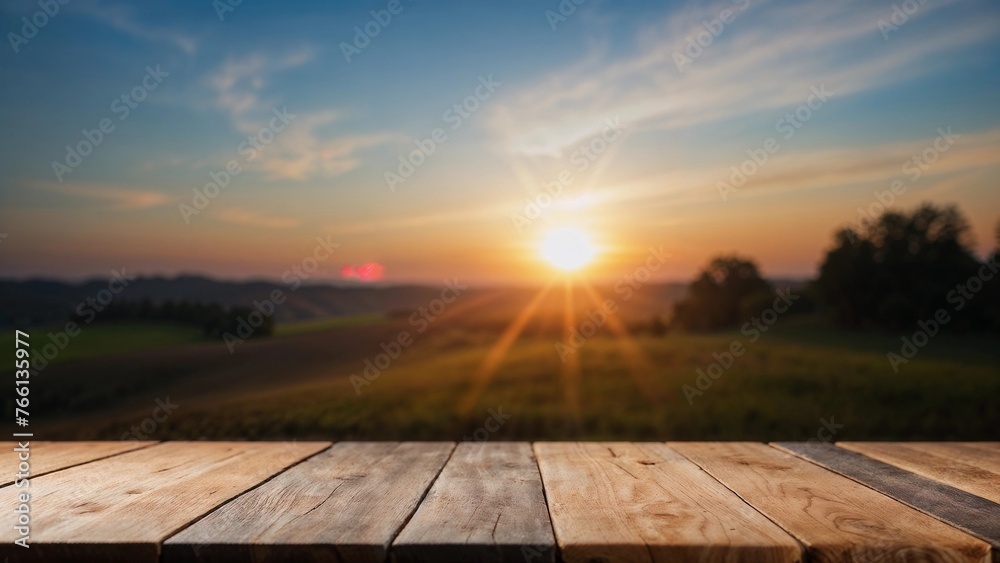 Wooden Board Empty Table Complemented by a Blurred Background and sunset 