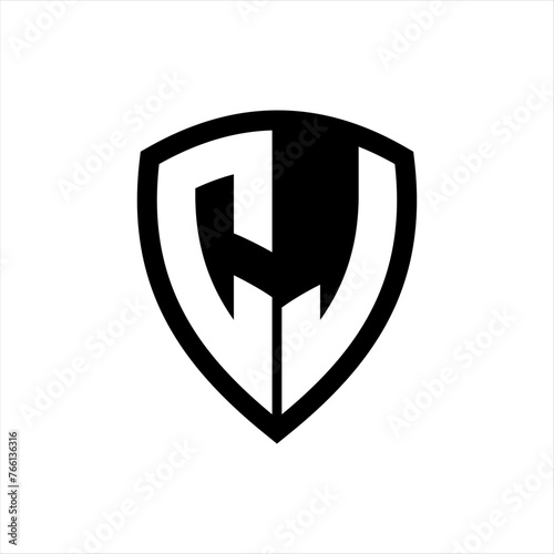 CJ monogram logo with bold letters shield shape with black and white color design