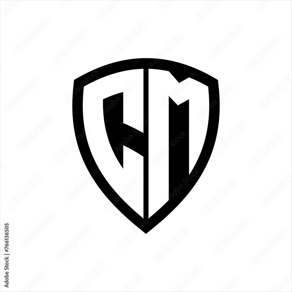 CM monogram logo with bold letters shield shape with black and white color design CM monogram logo with bold letters shield shape with black and white color design