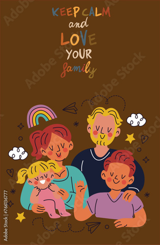 vector illustration of family day, where each family has its own activities, for example gathering in the same family room, holidays, sports with the family. photo