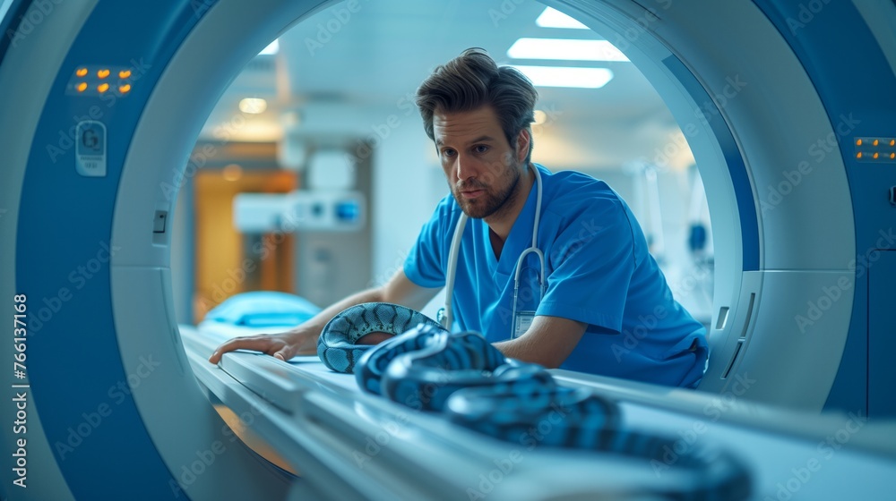 CT men technologist trying to scan a snake on the CT scanner ...