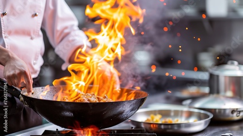 Chef's hands in close-up using fire to cook food.