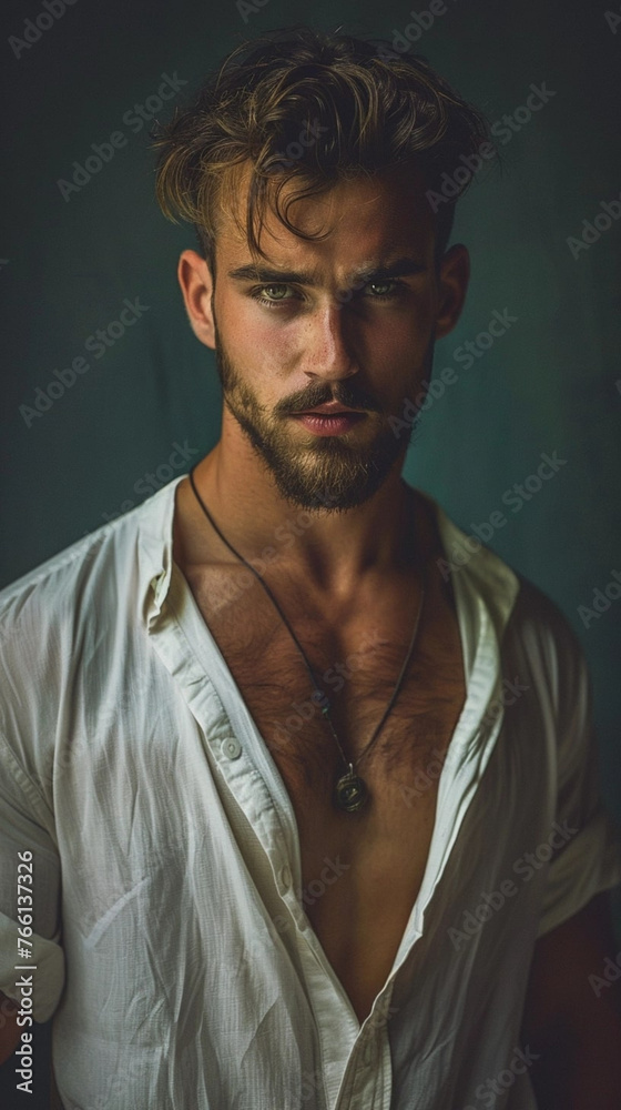 detailed photograph of a gorgeous male model, wearing trendy summer clothes, creative dark background, moody, serious. Attrractive male model, dark mood, portrait, photo shoot.