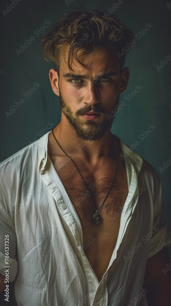 detailed photograph of a gorgeous male model, wearing trendy summer clothes, creative dark background, moody, serious. Attrractive male model, dark mood, portrait, photo shoot. detailed photograph of a gorgeous male model, wearing trendy summer clothes, creative dark background, moody, serious. Attrractive male model, dark mood, portrait, photo shoot.