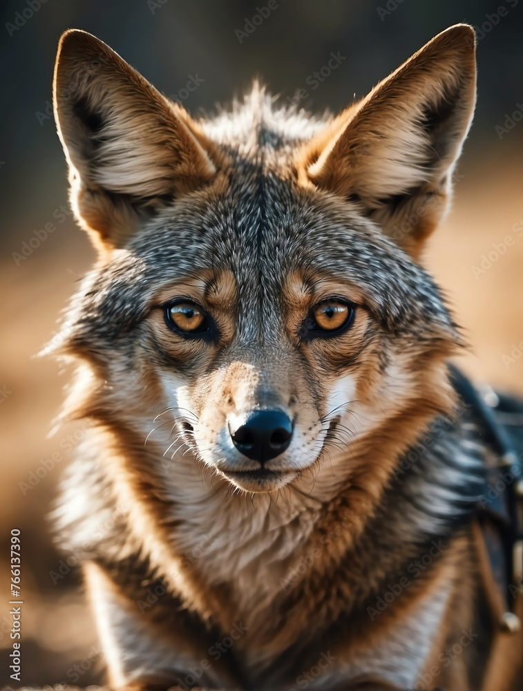 Vertical portrait of a fierce Jackal looking at camera from Generative AI Vertical portrait of a fierce Jackal looking at camera from Generative AI