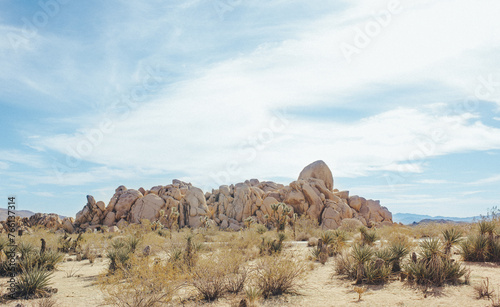 Ancient boulders in the Joshua Tree desert on a sunny day