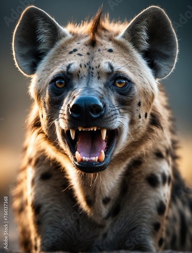 Vertical portrait of a fierce hyena looking at camera from Generative AI