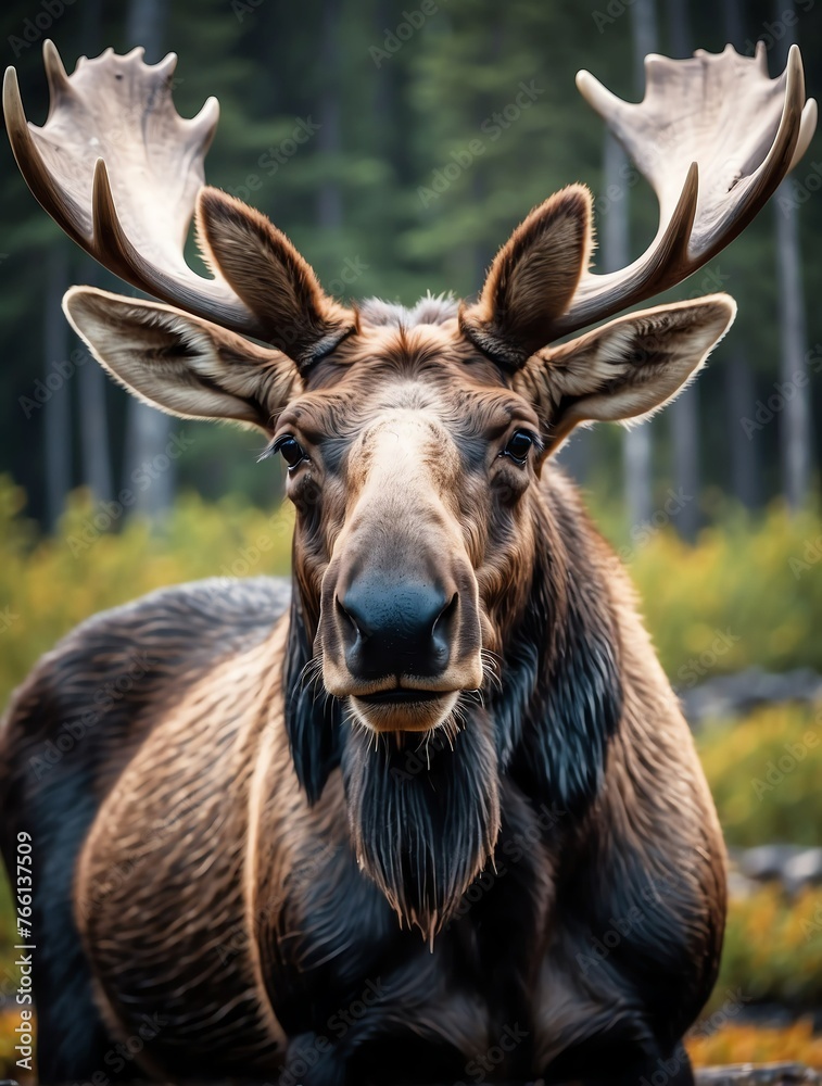 Vertical portrait of a fierce moose looking at camera from Generative AI