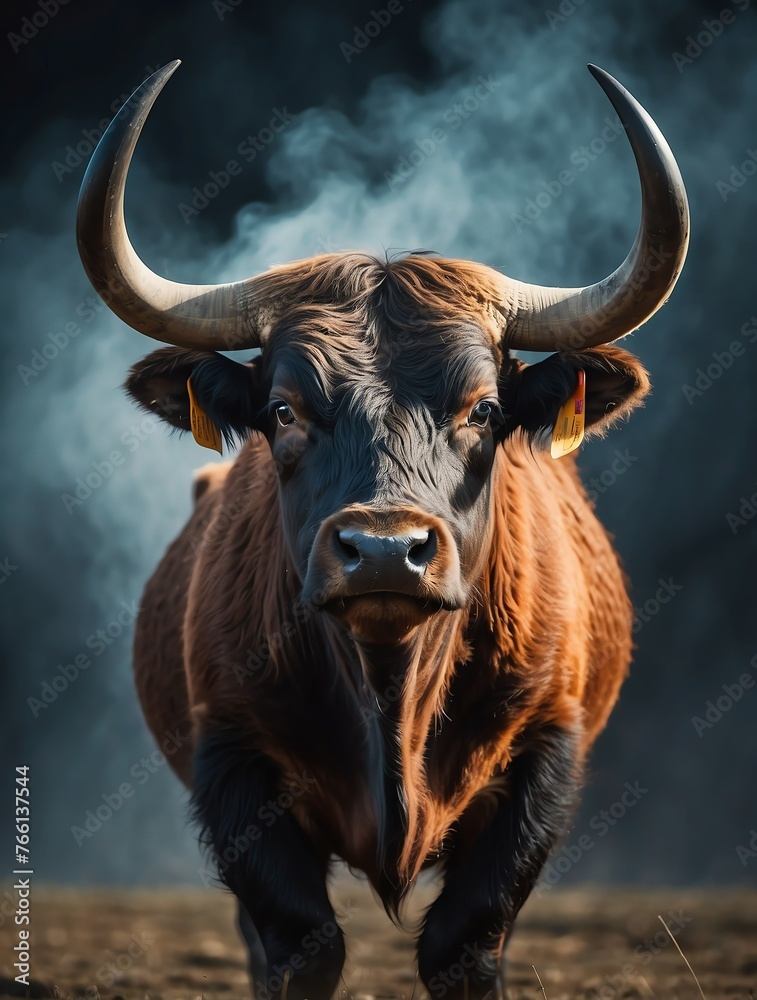 Vertical portrait of a fierce ox looking at camera from Generative AI - obrazy, fototapety, plakaty 