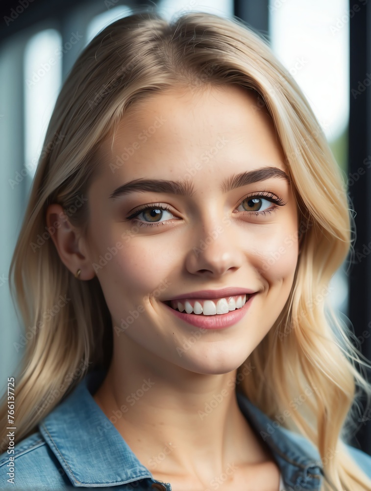Vertical portrait of beautiful blonde indigenous young woman gen z university student smiling happy looking at camera education advertising ad concept from Generative AI Vertical portrait of beautiful blonde indigenous young woman gen z university student smiling happy looking at camera education advertising ad concept from Generative AI