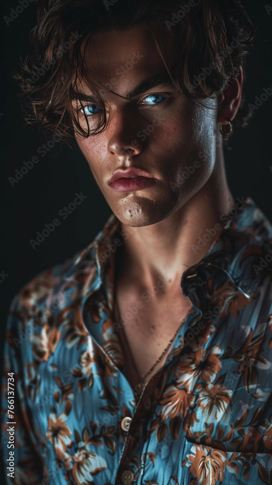 detailed photograph of a gorgeous male model, wearing trendy summer clothes, creative dark background, moody, serious. Attrractive male model, dark mood, portrait, photo shoot. detailed photograph of a gorgeous male model, wearing trendy summer clothes, creative dark background, moody, serious. Attrractive male model, dark mood, portrait, photo shoot.