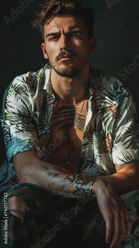 detailed photograph of a gorgeous male model, wearing trendy summer clothes, creative dark background, moody, serious. Attrractive male model, dark mood, portrait, photo shoot. photo