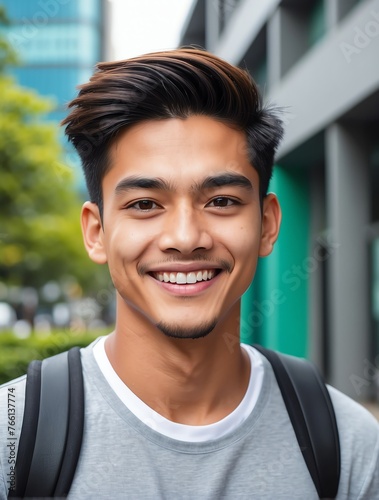 Vertical portrait of beautiful filipino indigenous young man gen z university student smiling happy looking at camera education advertising ad concept from Generative AI