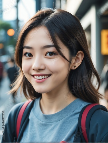 Vertical portrait of beautiful japanese indigenous young woman gen z university student smiling happy looking at camera education advertising ad concept from Generative AI