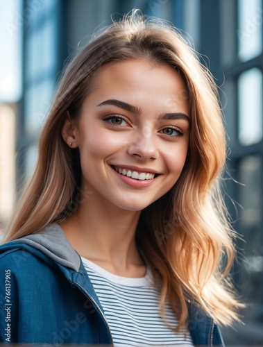 Vertical portrait of beautiful russian indigenous young woman gen z university student smiling happy looking at camera education advertising ad concept from Generative AI