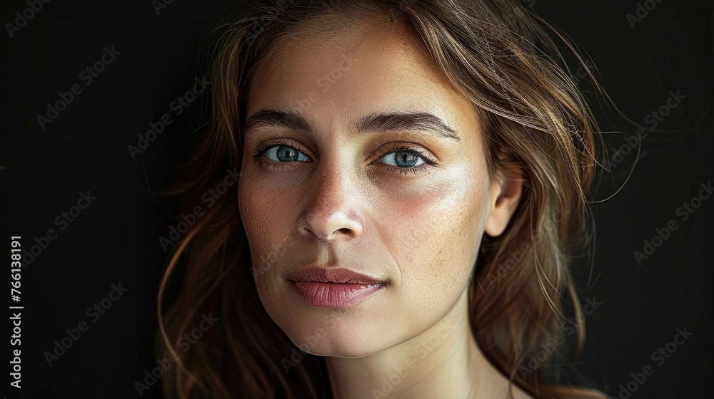 Pretty 30s woman portrait isolated on black background. Attractive girl close up. Young adult person look camera. Beautiful female face closeup. Natural beauty concept. Model at studio without make up Pretty 30s woman portrait isolated on black background. Attractive girl close up. Young adult person look camera. Beautiful female face closeup. Natural beauty concept. Model at studio without make up