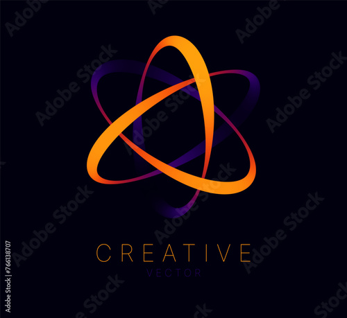 Dynamic Atom Shape. Abstract Molecule Modern Graphic Design Element. Geometric Science Physics Atom Symbol. Colorful Gradient Blend Design. Creative Vector Template.